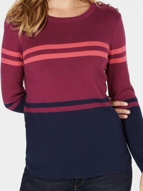 Charter Club Magenta and Navy Striped Crewneck Sweater Long Sleeve Size Medium